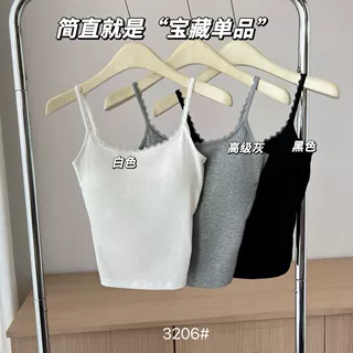 3206#简约蕾丝边拼接细肩带吊带背心 U型美背一体托胸固定杯吊带