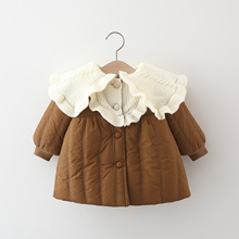 2024年冬装新款毛线花边大翻领棉衣 女童绒厚时尚公主小棉服