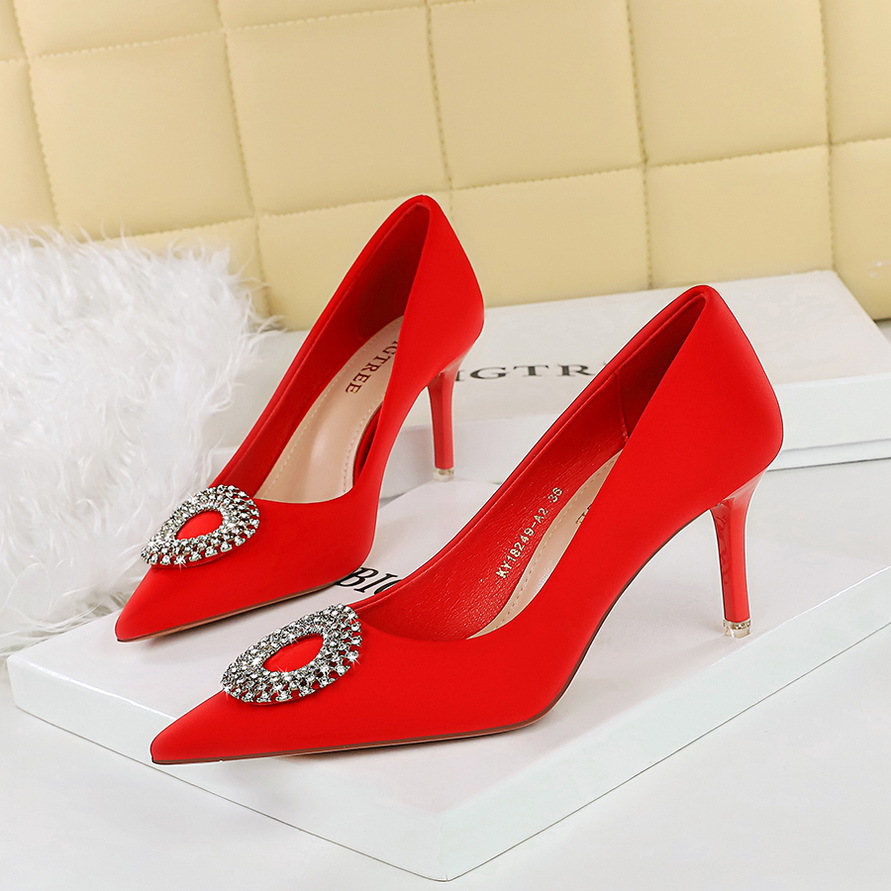 18249-AK62 European And American Fashion Shallow High Heels Rhinestone Round Buckle Single Pointed Toe Stiletto Sexy_vogvips.com