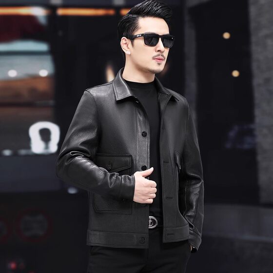 2023 Spring and Autumn New Haining Leather jacket men's short leather jacket fashion casual lapel leather jacket youth jacket