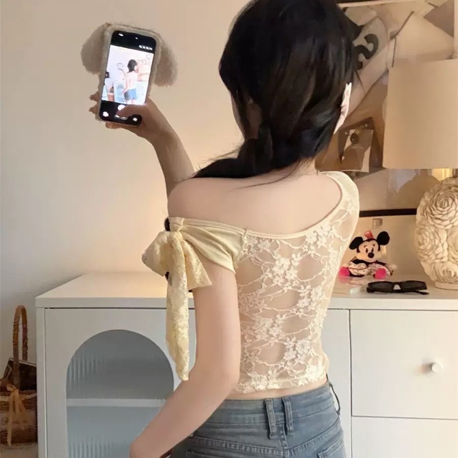 5019 ¿ nueva camiseta de manga corta de hombro inclinado empalmada con encaje de espalda expuesta en verano con almohadilla para mujeres delgadas image 4