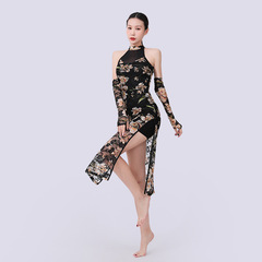 2023 Summer Sleeveless Cheongsam-style Dance Dress with Sleeve Covers, Lace Back Classical Dance Dress for Women, Net Fabric Semi-transparent with Large Floral Patterns