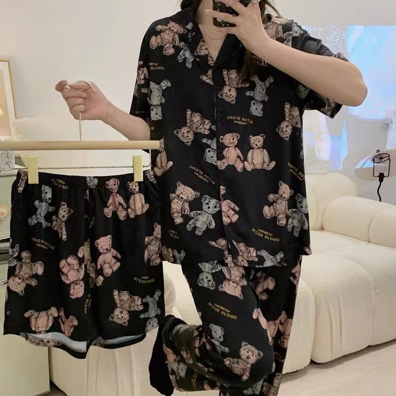Pijamas de alta gama para mujer, conjunto de tres piezas con cárdigan a rayas de manga corta para verano, se puede usar en exteriores, conjunto de ropa para el hogar para primavera y otoño de 2025