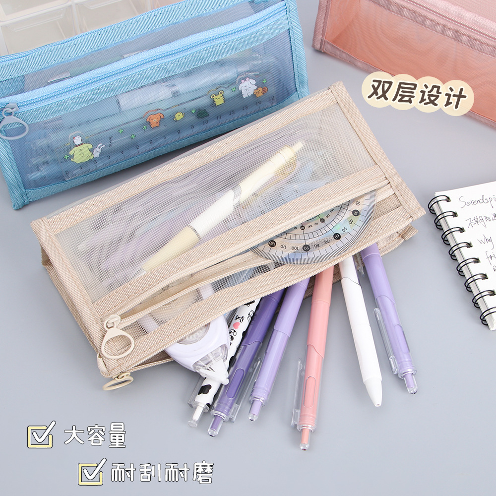 Bolsa de lápiz de malla transparente de doble capa de gran capacidad bolsas de papelería de alto valor facial examen de estudiantes bolsas de lápiz tridimensionales al por mayor