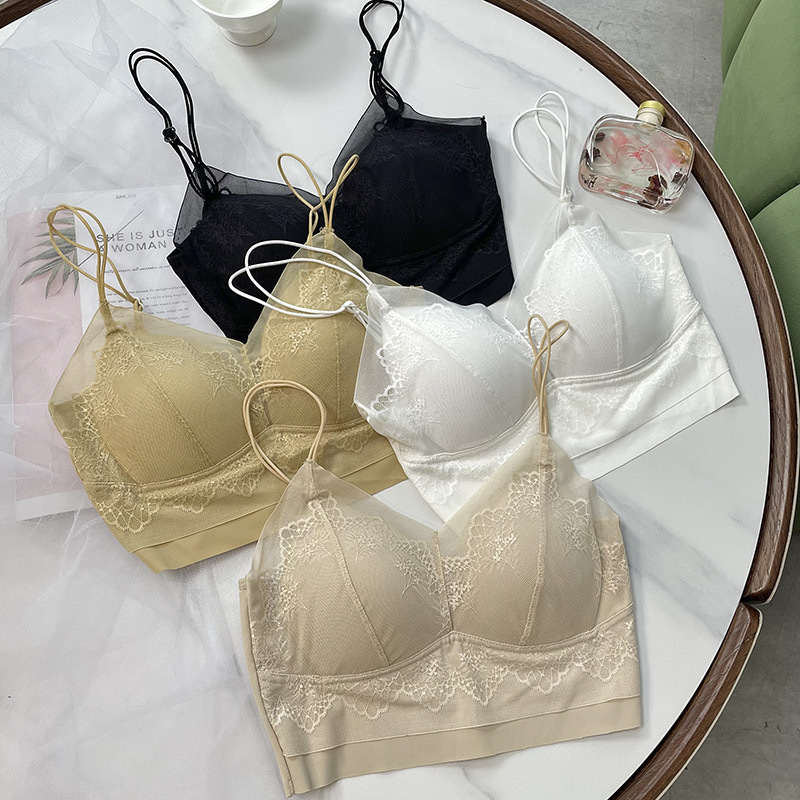 Lace Wrap-Top Ice Silk Cooling Camisole Without Underwire, with Fixed Latex Cups, U-Shaped Beautiful Back Design, Backless Lingerie
