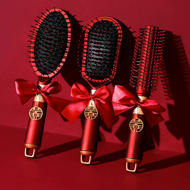 结婚梳子一对红色气垫梳木质喜梳子女方陪嫁物品高档婚礼用品大全