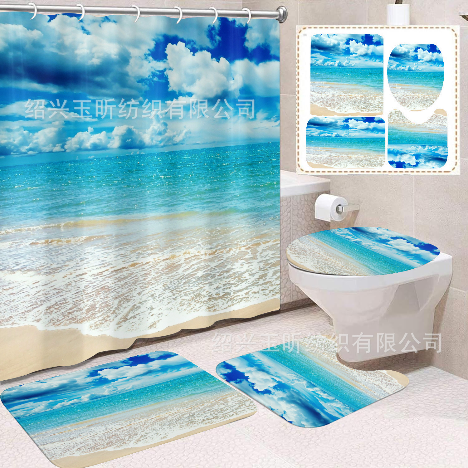 Fábrica directa azul mar de arena impresión digital poliéster tela de baño cortina de baño antimoda cuatro piezas conjunto image 11