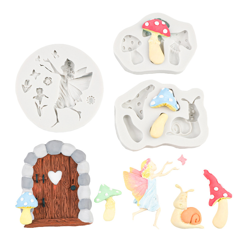 Pequeña flor hada estilo pastoral forma de hongo silicona fondant dibujos animados puerta de madera molde de pastel pastel decoración de chocolate epoxi