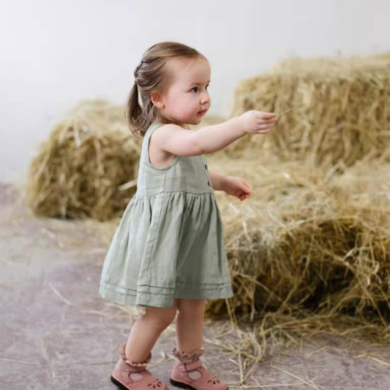 Girls Summer Cotton and Linen Dress Baby Girl Literary Simple Waist Pleated Design Little Alice Embroidered Skirt