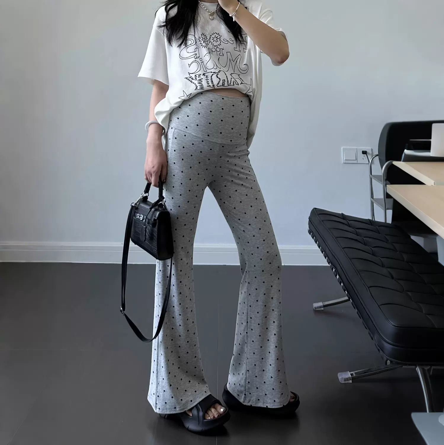 孕妇波点裤子春夏季高腰微喇裤外穿潮妈修身气质喇叭长裤薄款秋装