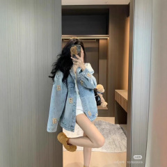 【现货】高街潮牌小众设计感卡通小熊刺绣牛仔夹克女春季百搭外套
