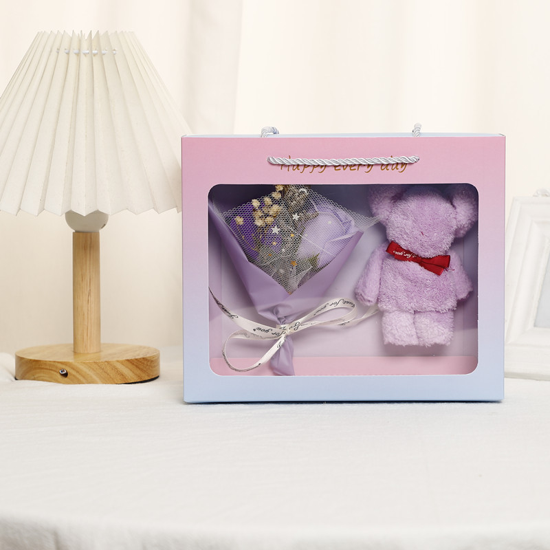 紫玫瑰花束+毛巾熊礼盒