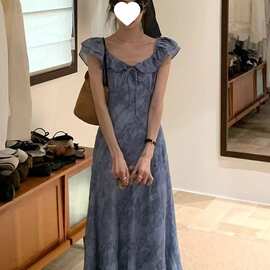 韩系蓝色显白小飞袖系带印花连衣裙女2026夏季新款显瘦裙子图片色