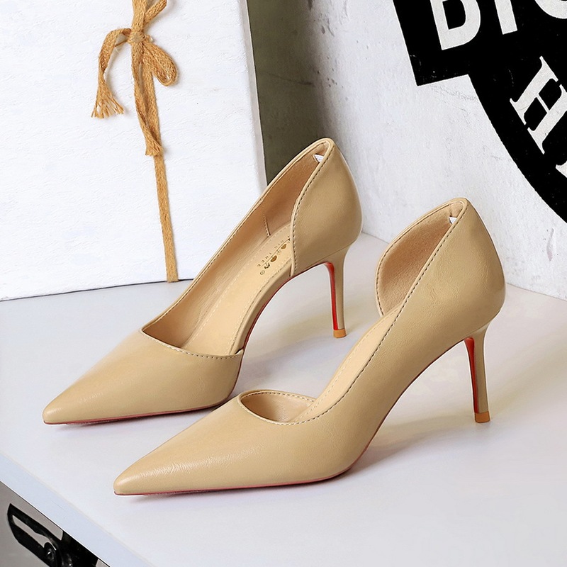 9266 Korean Style Pointed Toe Stiletto Women's Shoes Shallow Mouth Side Cut Out Office High Heels Pedicure Slip-On High Heels