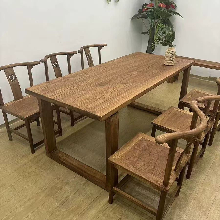 Старый обеденный стол из массива вяза, деревянный обеденный стол для дома, ретро-стиль для отелей и B&B, прямоугольный стол из массива дерева