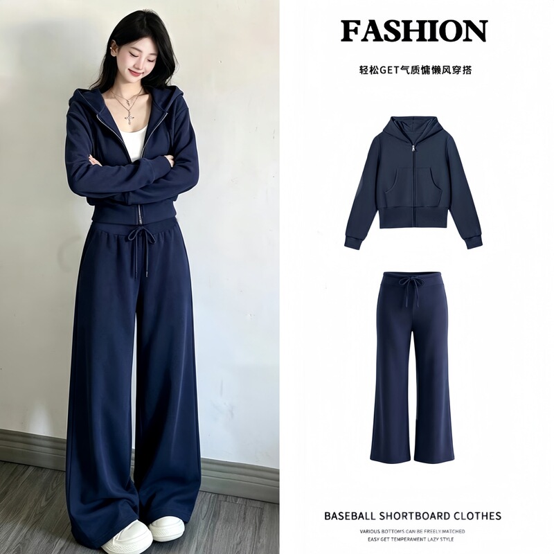 Navy blue regular-shoulder hooded sweatshirt for women, new spring and autumn Korean style, slim fit, casual, versatile sports top Navy blue regular-shoulder hooded sweatshirt for women, new spring and autumn Korean style, slim fit, casual, versatile sports top
