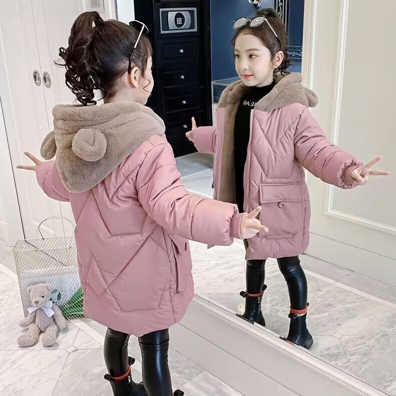 Girls' Winter down Cotton Coat 2026 New Style, Fleece-Lined and Thickened Cotton Jacket, Mid-Length Outerwear, Stylish Winter Children's Cotton Coat
