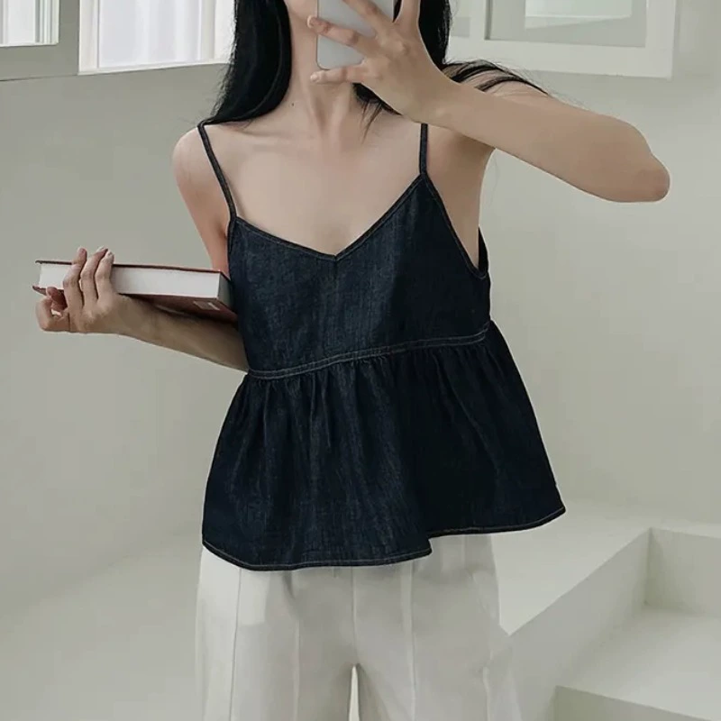 Нишевые ретро джинсовый камзол жилет женский летний 2024 новый сексуальный с открытыми плечами носить свободный тонкий топ