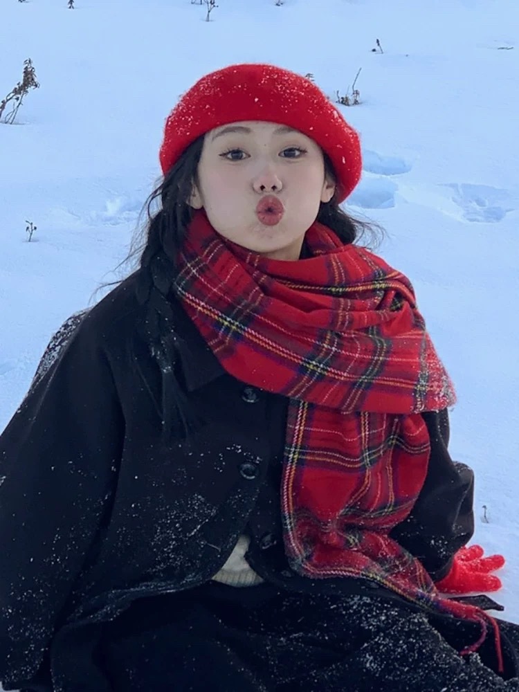 방적사 붉은 격자 무늬