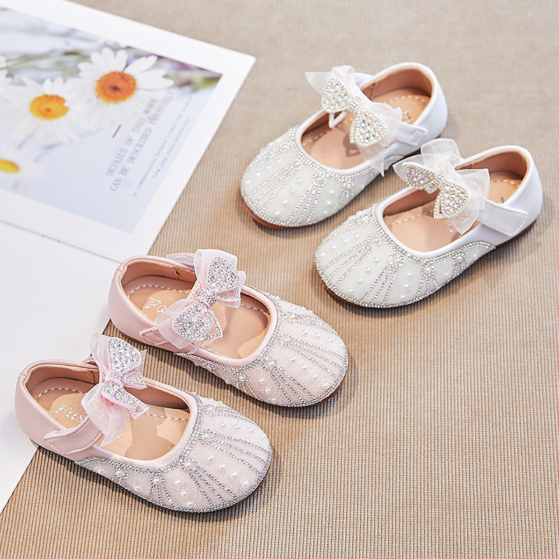 Girls' Sparkling Rhinestone Performance Shoes 2024 Spring New Children's Mesh Bow Rhinestone Single Shoes Princess Shoes