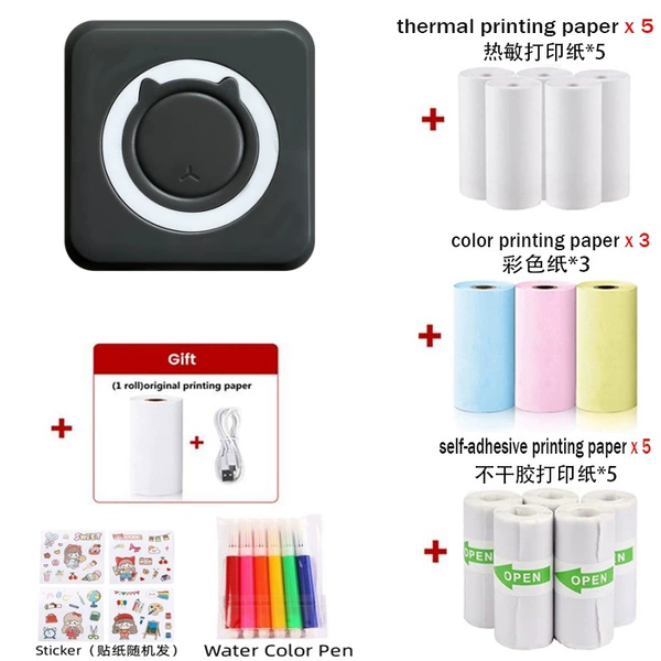 C15 Black-English Version [Comes with 1 roll of heat-sensitive paper+5 rolls of heat sensitivity paper+3 volumes of color paper+5 roll non-dry glue+6 water color pens+stickers]