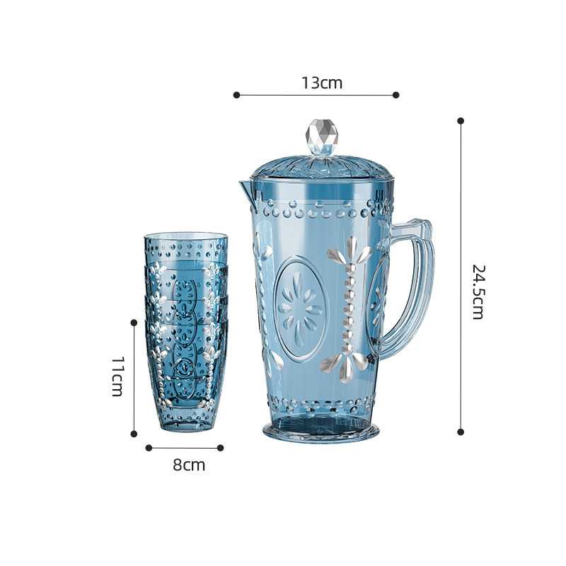 PET transfronterizo una variedad de tetera de agua fría plateada en oro, una olla de cuatro tazas con plato de sandía rojo, blanco y café bebida