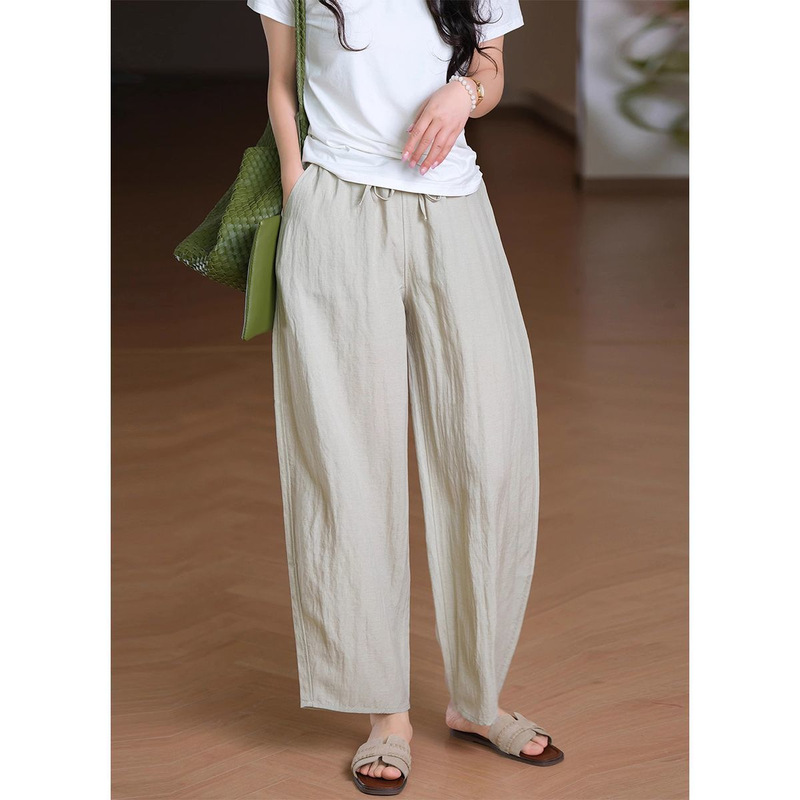 Breathable Tencel + Linen/Inner Overlock Stitching Elastic Waist Tie Casual Slimming Tapered Harem Pants