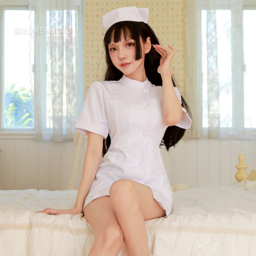 Hot Rabbit 2 New Sexy Lingerie Sexy Round Neck Passionate Hot Short Skirt Straps Nurse Uniform Temptation Set