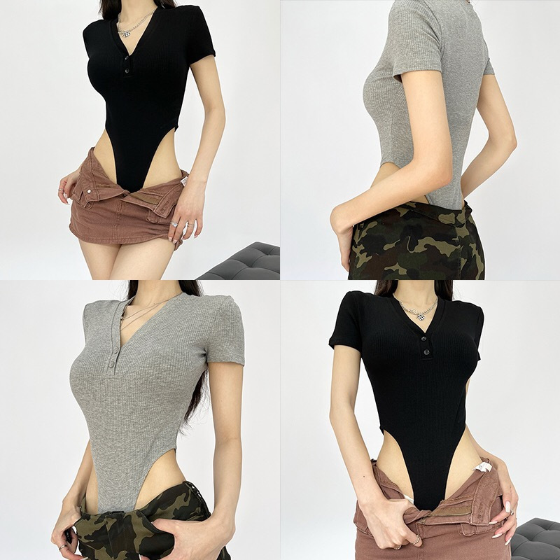 Sexy Spice Girl Heart One-piece Base Shirt Top Retro Button V-neck Threaded Slim-fit Short-sleeve Tight Waist One-piece T-shirt