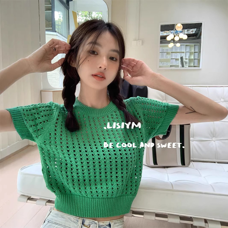 2026 Summer New Style Round Neck Short-Sleeved Knit Shirt for Women, Commuter Hollow-Out Design Niche Top T-Shirt for Women