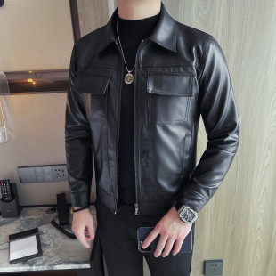 Dropshipping 2025 New Men's Slim-Fit Jacket Fashion Lapel Multi-Pocket Pu Leather Coat Black Leather Jacket Trendy