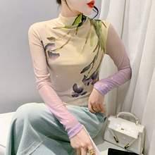 欧货女装2023秋冬时尚洋气长袖高领网纱t恤女烫金定位花上衣实拍