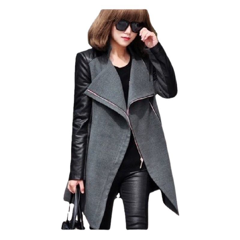 2025 AliExpress Extraordinary Wish Европейская и американская верхняя одежда средней длины большого размера с кожаными рукавами, шерстяная верхняя одежда, ветровка