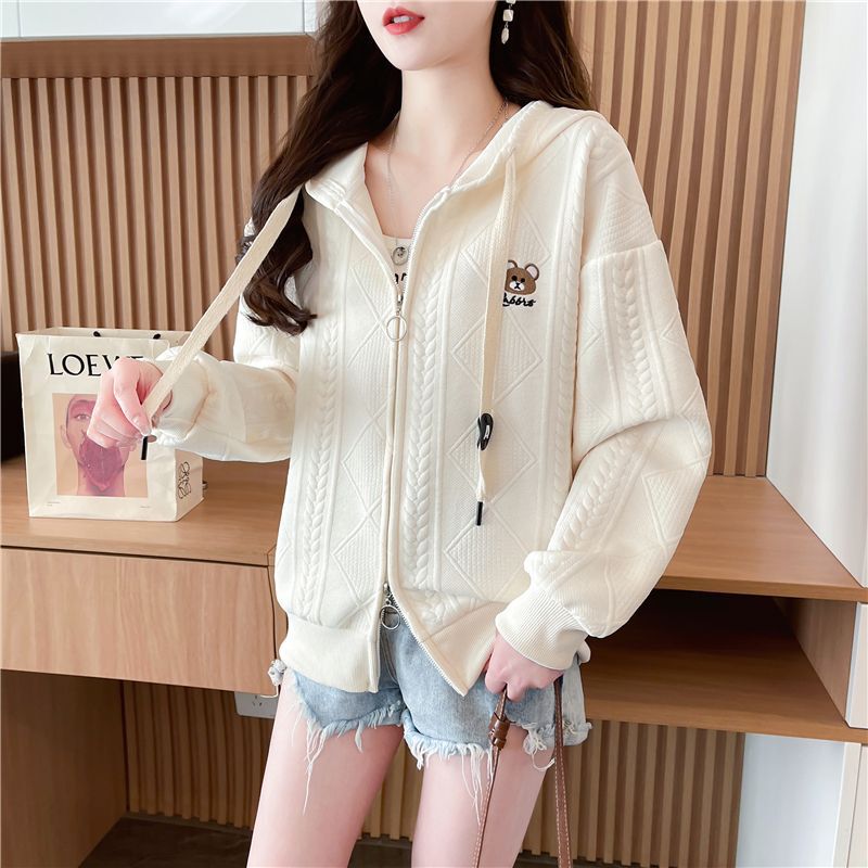 Fashion Student Jacquard Hooded Jacket Sweater Women's Spring and Autumn Thin Cartoon Age-reducing Beautiful Double Zipper Cardigan Top