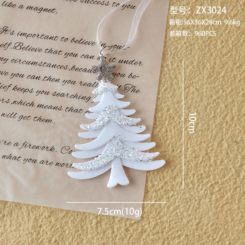 Nuevo colgante de acrílico de Navidad blanco transfronterizo, copos de nieve en polvo de brillo, paquete de regalo de árbol de Navidad de mariposa, colgante de caramelo pequeño