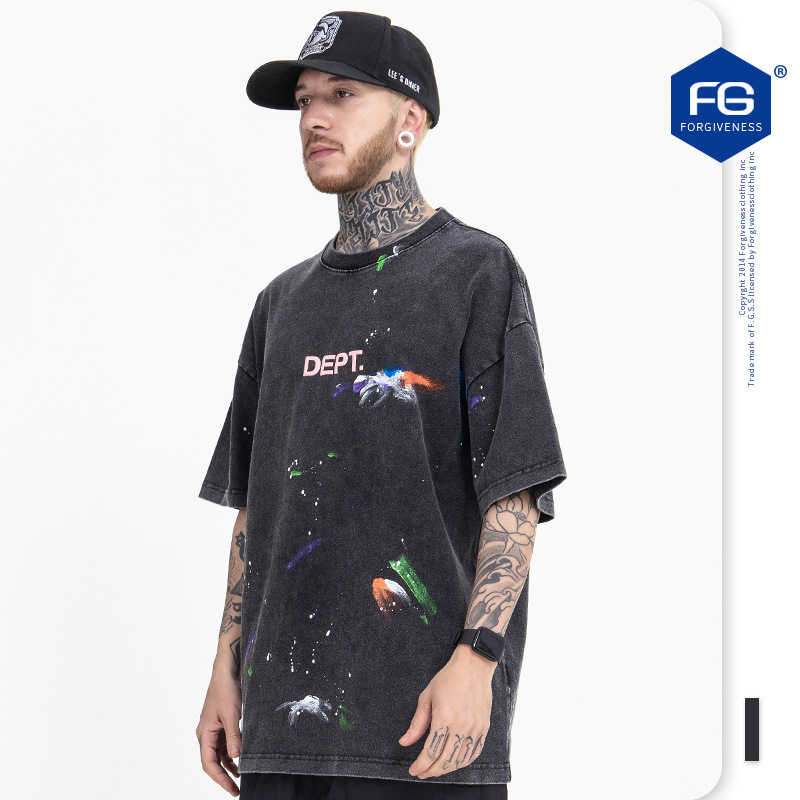 FG ropa de Hombre | 2022 primavera y verano nueva marca de moda callejera color hecho a mano Splash-tinta vintage suelta manga corta Camiseta hombres
