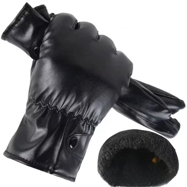 New Touch Screen Warm Pu Leather Gloves for Winter, Unisex, Cycling, Cold-Proof, Thickened, Fleece-Lined, Wholesale for Street Vendors