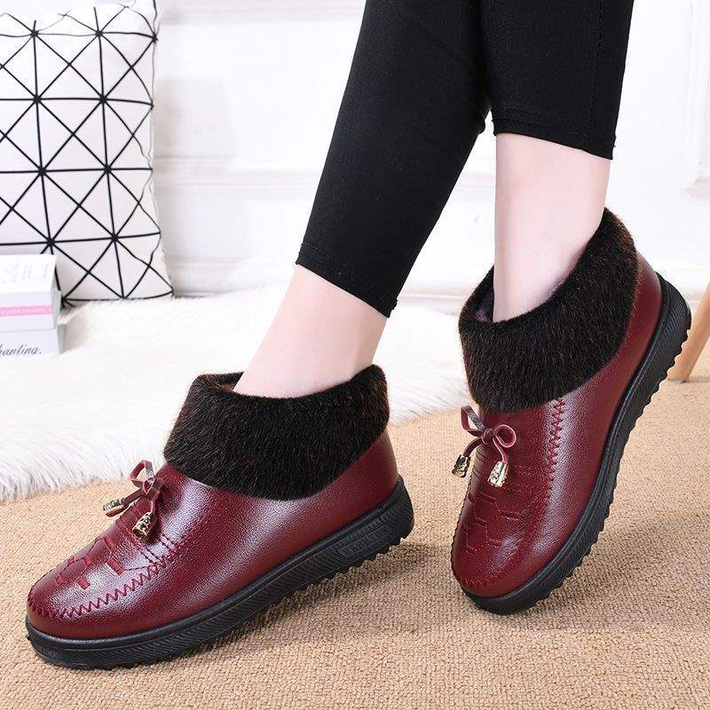 冬季老北布鞋女棉鞋中老年人加绒加厚防水防滑皮棉鞋奶奶短靴子