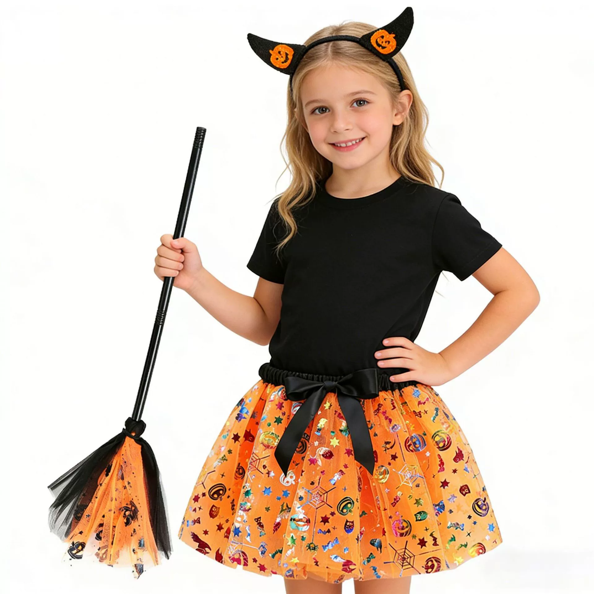 Хэллоуин девушка пышная юбка с подкладкой из трех частей с принтом сетки тыквы летучие мыши tutu юбка метла волшебная палочка