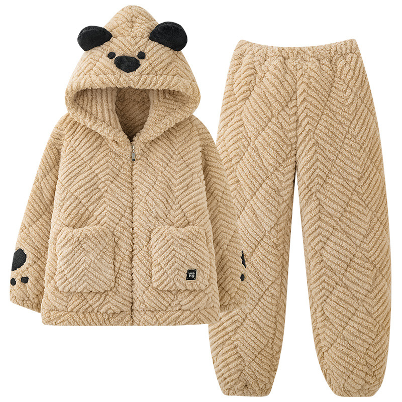 여성용 새 겨울 잠옷 플러스 벨벳과 두꺼운 산호 벨벳 3 레이어 퀼트 가디건 후드 심플 홈웨어 세트