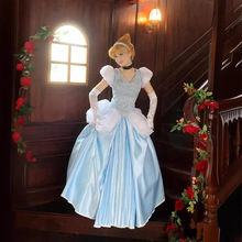 万圣节cosplay辛德瑞拉仙帝灰姑娘在逃公主裙成人蓝色系年会礼服
