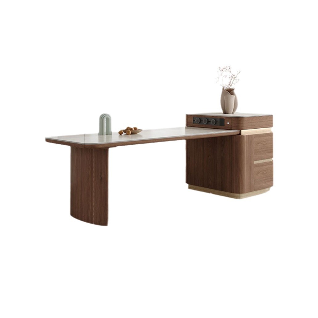 Mesa de mesa de mesa de mesa de la isla, una placa de roca de travertino, grano de madera de nogal negro, sensación de alta calidad, lujo ligero, armario de almacenamiento retráctil para el hogar contra la pared