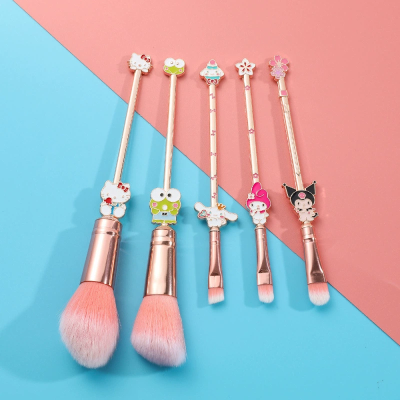 Набор кистей для макияжа (Sanrio) 5 шт., ручки Hello Kitty и Kuromi, розовый мешочек
