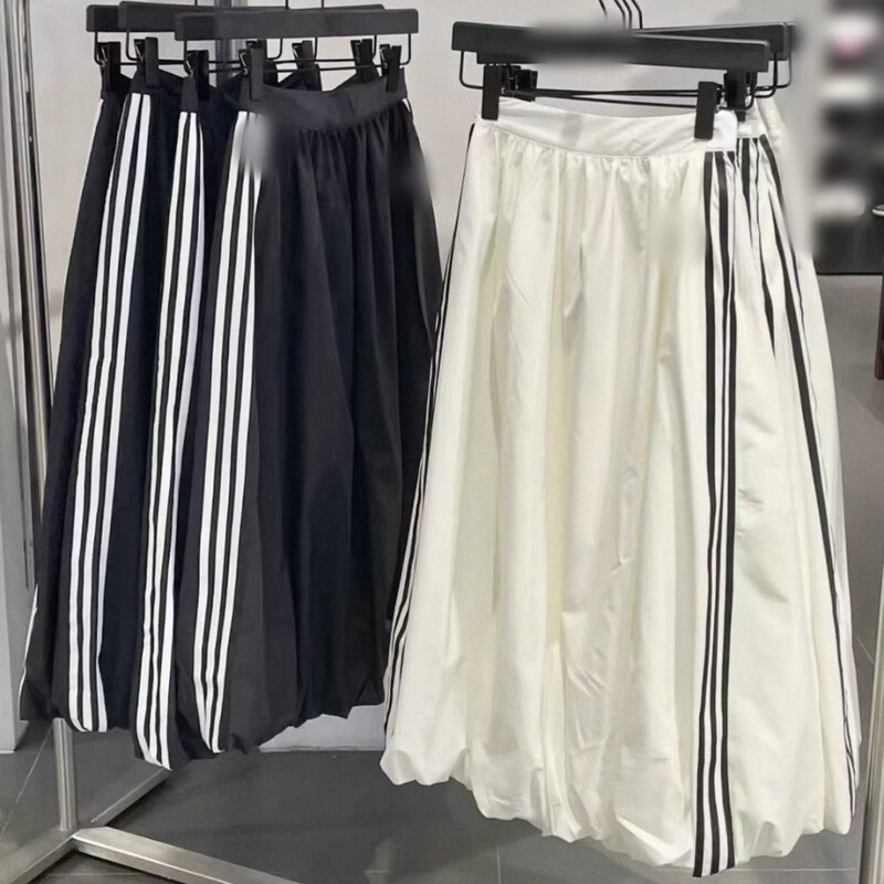 Three-Stripe Floral High-Waisted Casual A-Line Sports Skirt for Women, Mid-Length Umbrella Skirt