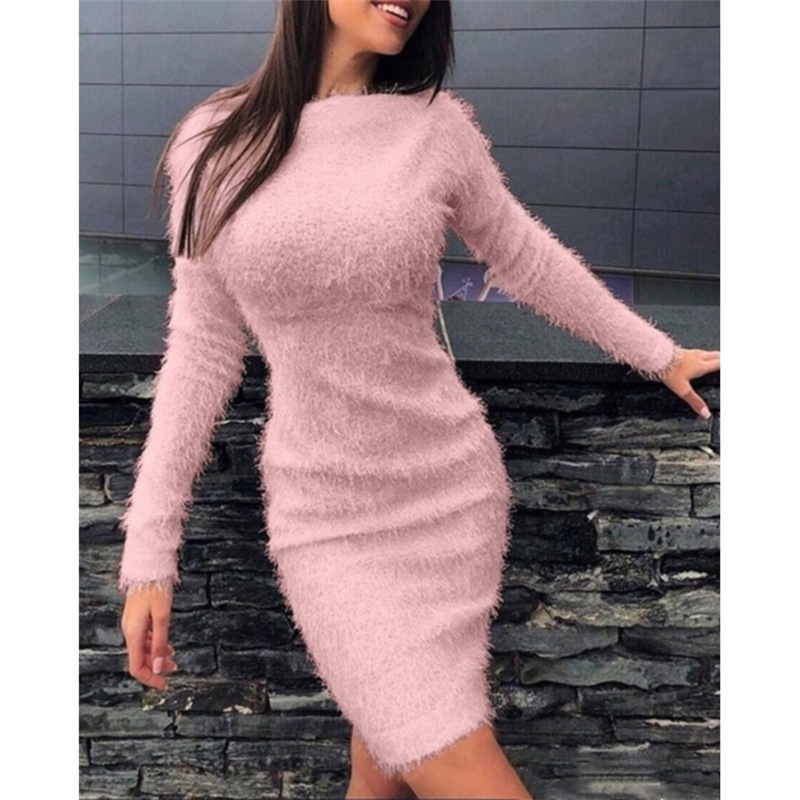 2023 autumn and winter new cross-border Amazon wish Express European and American women's plush tucked waist long-sleeved dress