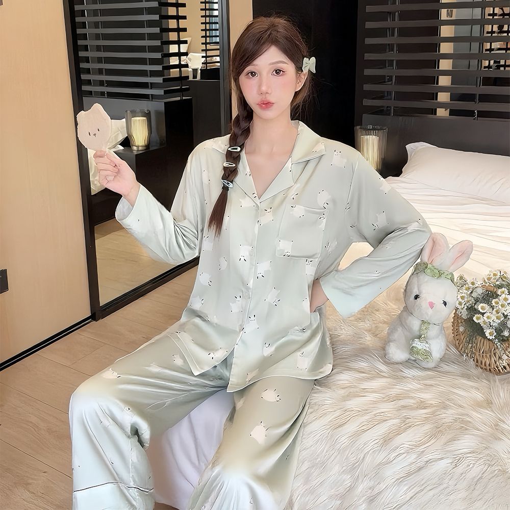 工厂批发冰雪丝时尚可外穿睡衣女夏季款慵懒风长袖长裤宽松家居服