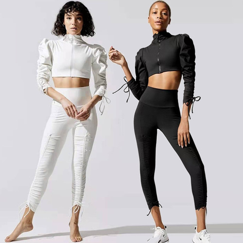 Women's Yoga Set for Autumn/Winter - Puffer Long-Sleeve Zipper Jacket and Athletic Pants for Fitness and Body Shaping