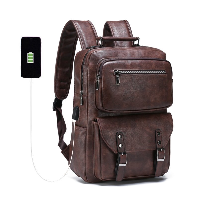Men's PU casual business backpack, computer bag, fashionable large capacity travel bag_voghion.com