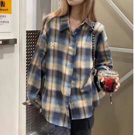 日系风vintage格子衬衫女春秋新款叠穿小众多巴胺穿搭衬衣外套