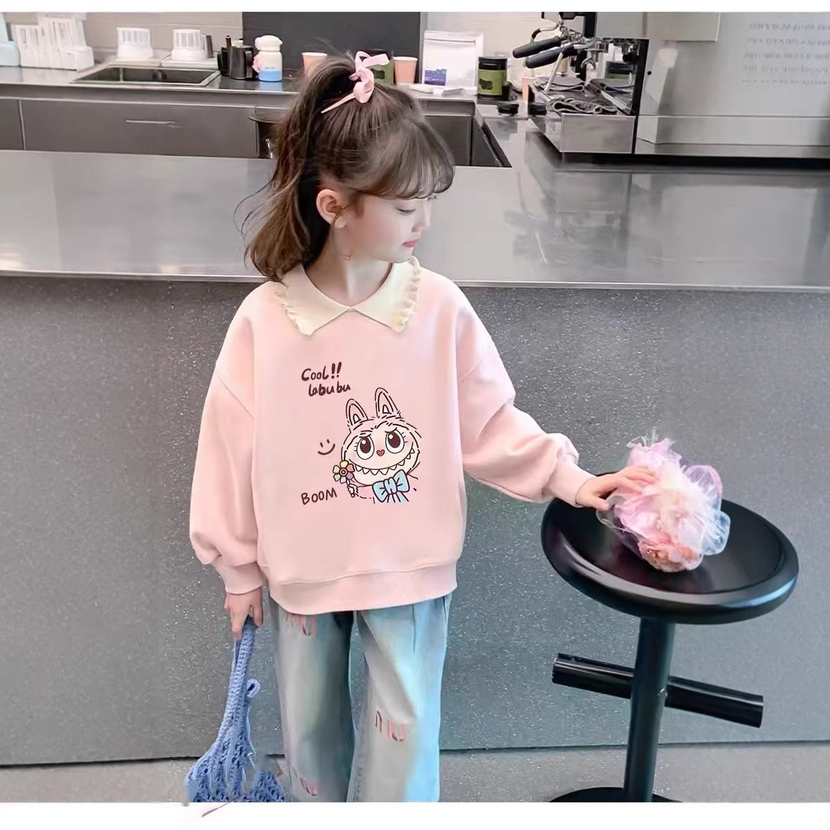 Girls' spring and autumn polo collar sweatshirt 2026 new style lace children's clothing girls' medium and big children's polo collar top wholesale new